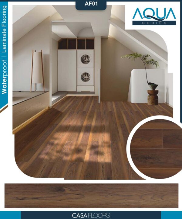 Casa Wooden Flooring Aqua Series 8MM Thickness - Water Proof - Model - AF01 - Deep Brown Colour - 10 pcs Box- 26sqft