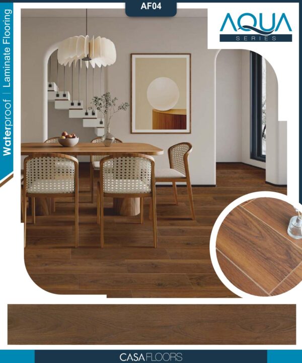 Casa Wooden Flooring Aqua Series 8MM Thickness – Water Proof – Model – AF04 – Deep Brown Colour – 10 pcs Box- 26sqft