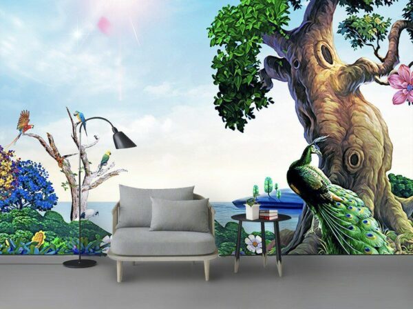 Peaceful Jungle Wall Mural Featuring Peacock / Bird in Natural Light