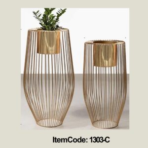 Modern Metal Plant Stand Set, Gold Wire Cage Design, 2-Piece Decorative Planter Holders With Pots