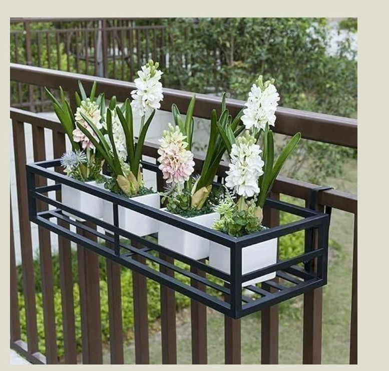 Home Decor Iron Hanging Railing Plant Stand for Balcony Home and Office Hanging pot stands for plants in balcony Railings (Black)