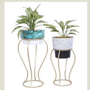 Metal Plant Pots with Stand (Set of 2) | Indoor Planter Flower Pots for Home Decor, Living Room, Bedroom, Office, Gifting - Golden