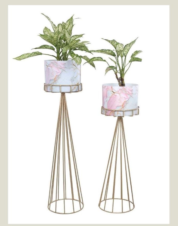 Indoor Small Pot Planter Iron Glossy Meena Work Ocean Blue with Stand Set of 2 | Planter for Living Room Decor | Decorative Planter Pot