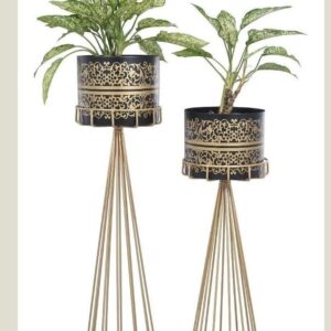 Elegant Black & Gold Print Metal Pot with Stand for Indoor Outdoor Use, Home Office Decor, Plants Not Included Pack of 2
