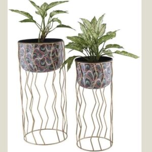“Meenāvara Luxe Duo – Decorative Plant Container Set with Gold Wavy Stands for Indoor Styling”