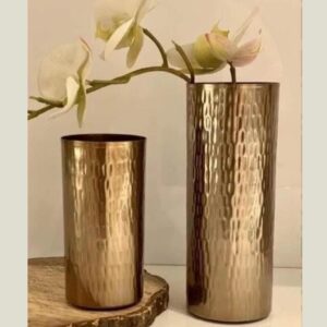 Tall Modern Brass Tone Hammered Metal Cylinder Flower Vases, Decorative Centerpiece Vases Set of 2