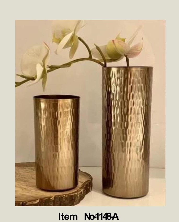 Tall Modern Brass Tone Hammered Metal Cylinder Flower Vases, Decorative Centerpiece Vases Set of 2