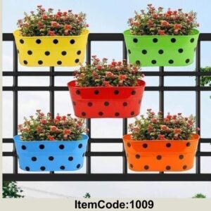 Rail Planter for Deck Railing Colorful Metal Iron Outdoor Hanging Flower Pots, Polka Dot and Strawberry Bucket Cute Boho Stylish Porch Patio Garden Decor