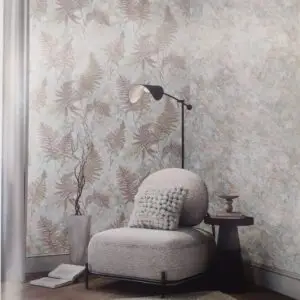 Luxury Embossed Metallic Fern Leaf Wallpaper with Pastel Marbled Texture – Botanical Wall Covering for Modern Living Room, Bedroom, and Office Interior Design